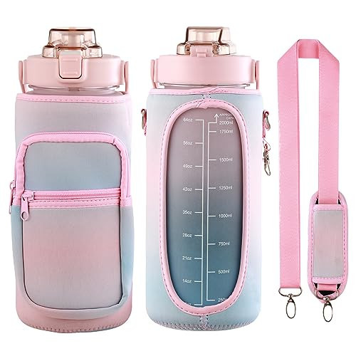 Half Gallon Water Bottle with Sleeve & Strap 64 OZ Motivational Water Bottles with Straw Large Wide Mouth Water Jug with Time Marker for Fitness, Gym and Outdoor Sports, Leak-proof & BPA Free, | Amazon (US)