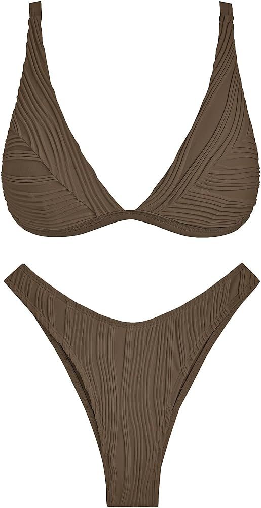 ZAFUL Women's Sexy Two Piece Swimwear Textured Triangle Plunging Neck High Cut Cheeky Bikini Set ... | Amazon (US)