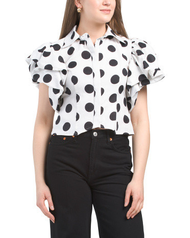 Puff Sleeve Polka Dot Button Down Shirt for Women | Cotton | Marshalls