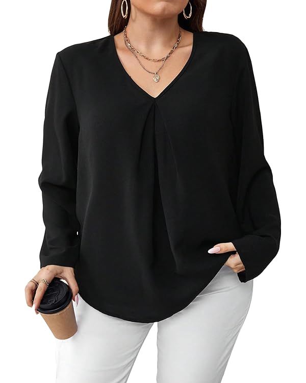 SOLY HUX Women's Plus Size V Neck Long Sleeve Solid Casual Blouse Tops | Amazon (US)