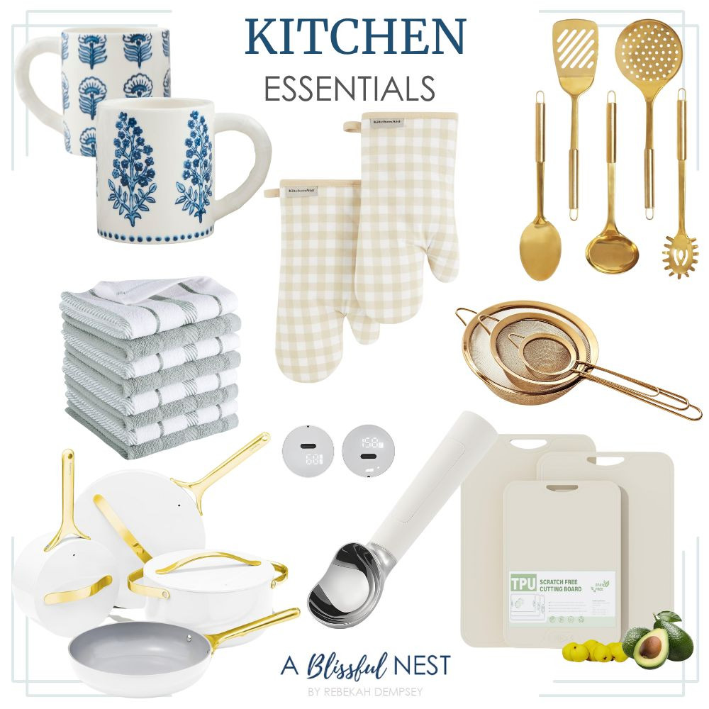 Kitchen staples that combine style and practicality. Shop the look.

Blue floral mugs, KitchenAid beige gingham oven mitts, gold kitchen utensils, white and gray kitchen towels, gold strainers, Caraway white and gold cookware set, heated ice cream scoop, cutting boards. #LTKFindsUnder50 #LTKFindsUnder100 

 #LTKHome