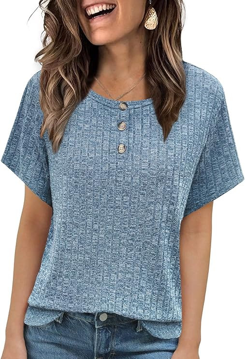 MixShe Womens Ribbed Knit Short Sleeve Tops Button Front Crew Neck Casual Lightweight Blouses | Amazon (US)