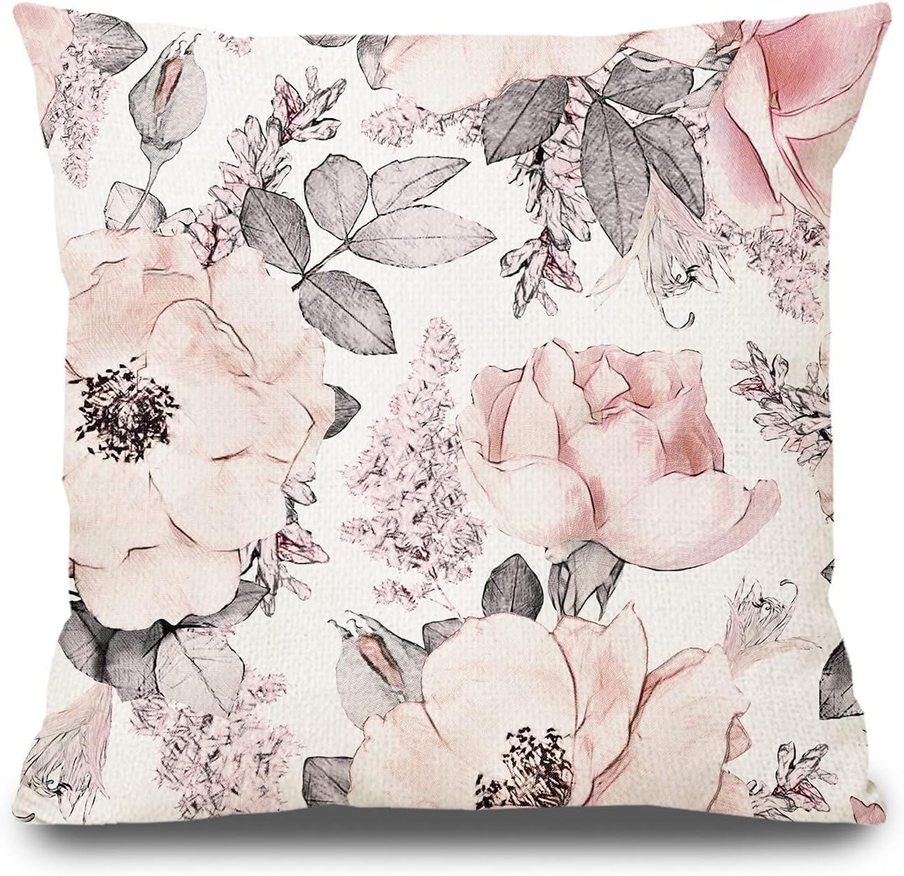 PPRLIFE Watercolor Pink Floral Decorative 20"x 20" Throw Pillow Cover - Blush Blosssom Grey Leave... | Amazon (US)