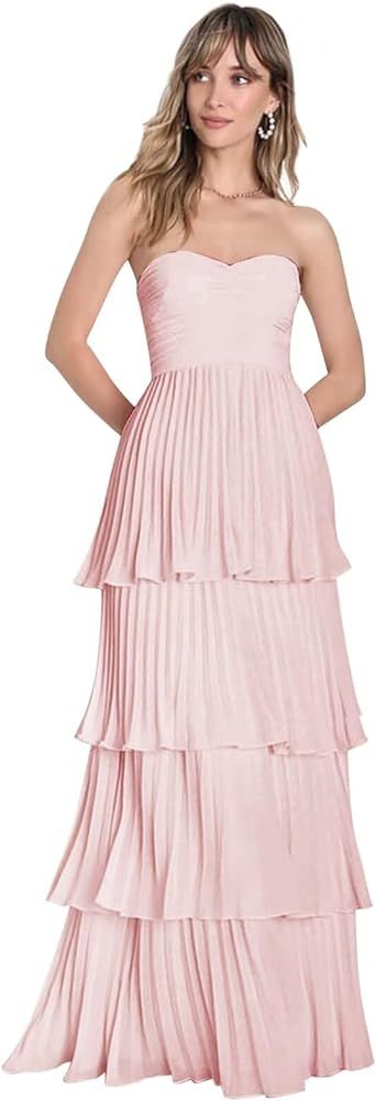Strapless Ruffle Prom Dresses 2024 Long Pleated Chiffon Maternity Dress for Women | Amazon (US)