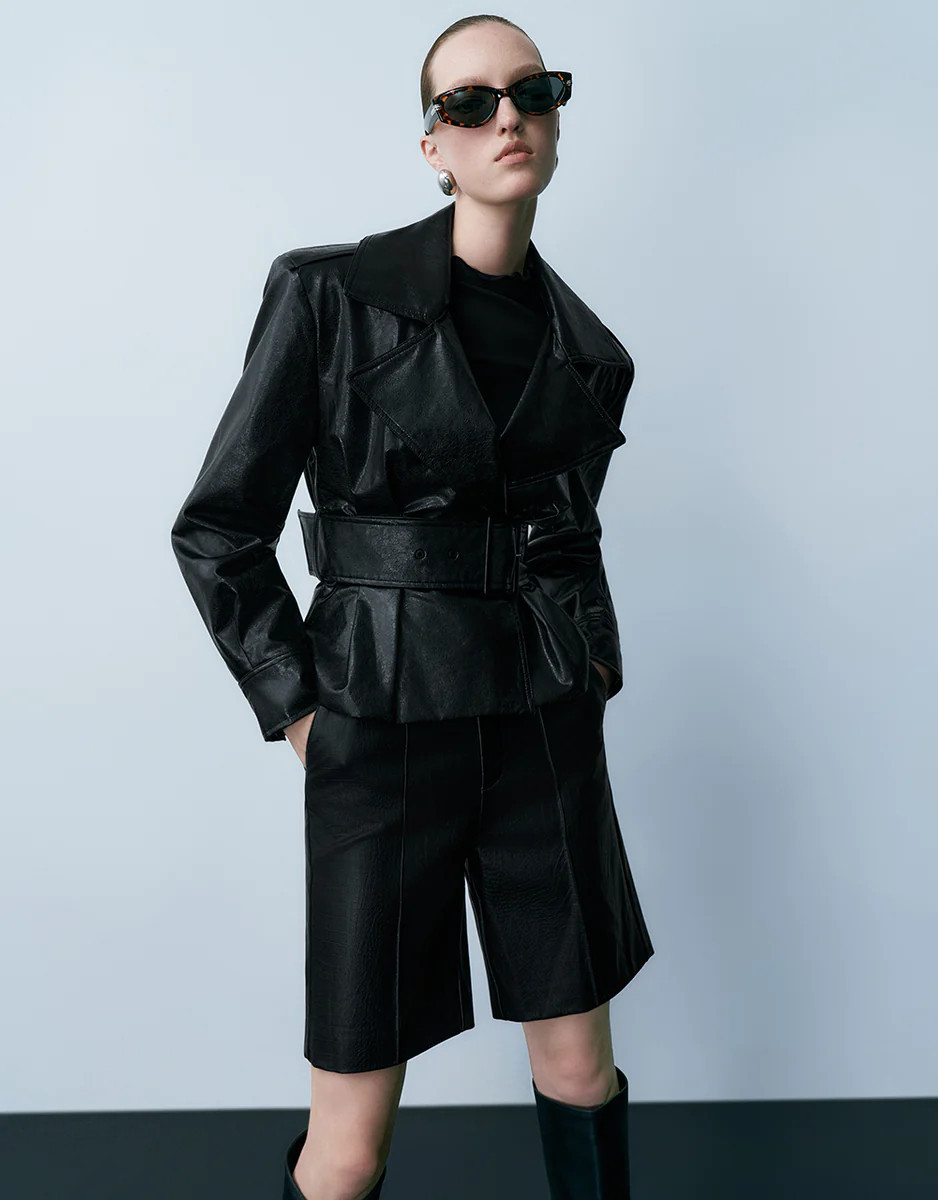 Vegan Leather Jacket With Belt | Urban Revivo