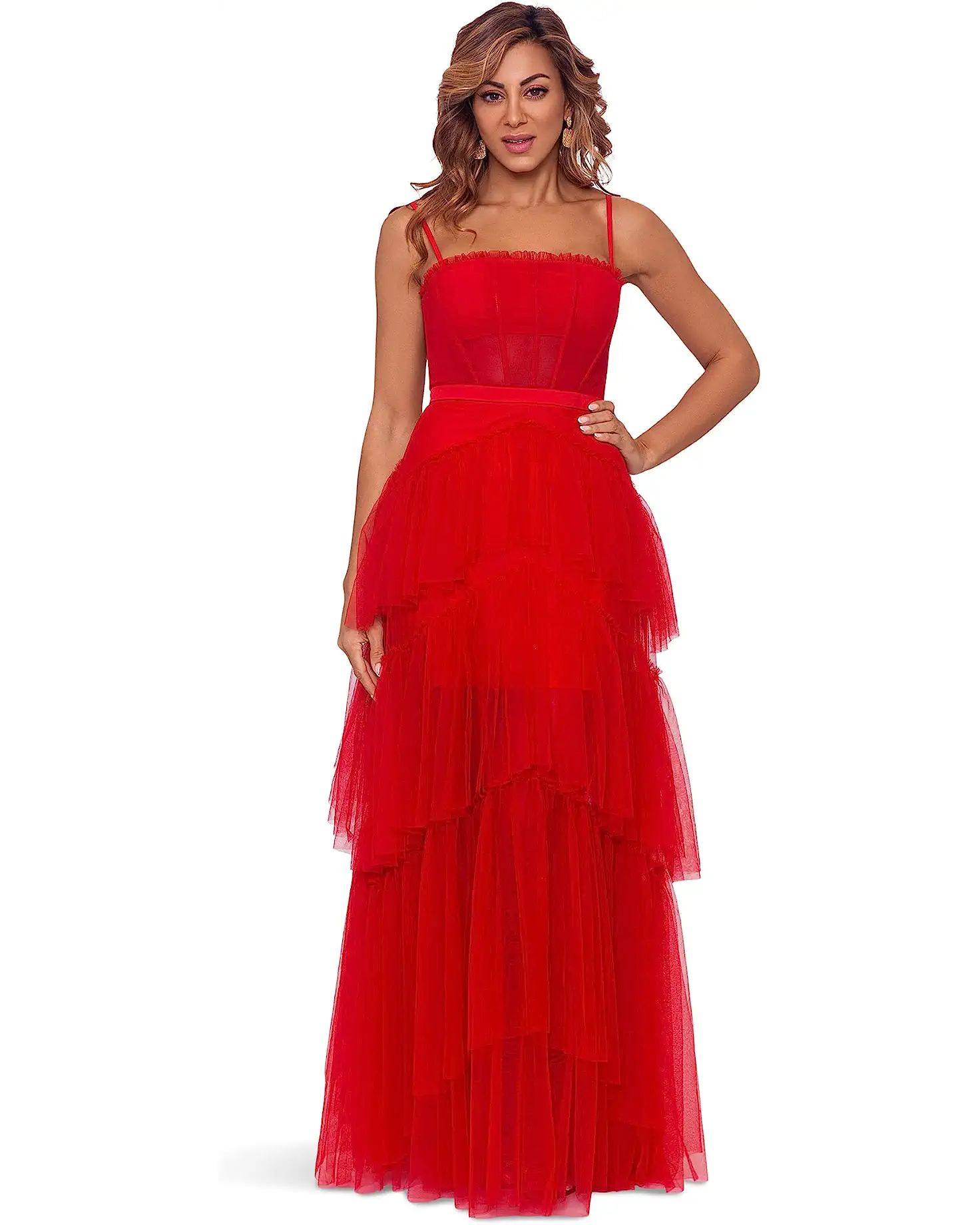 Long Corset Tiered Mesh Illusion Gown | Zappos