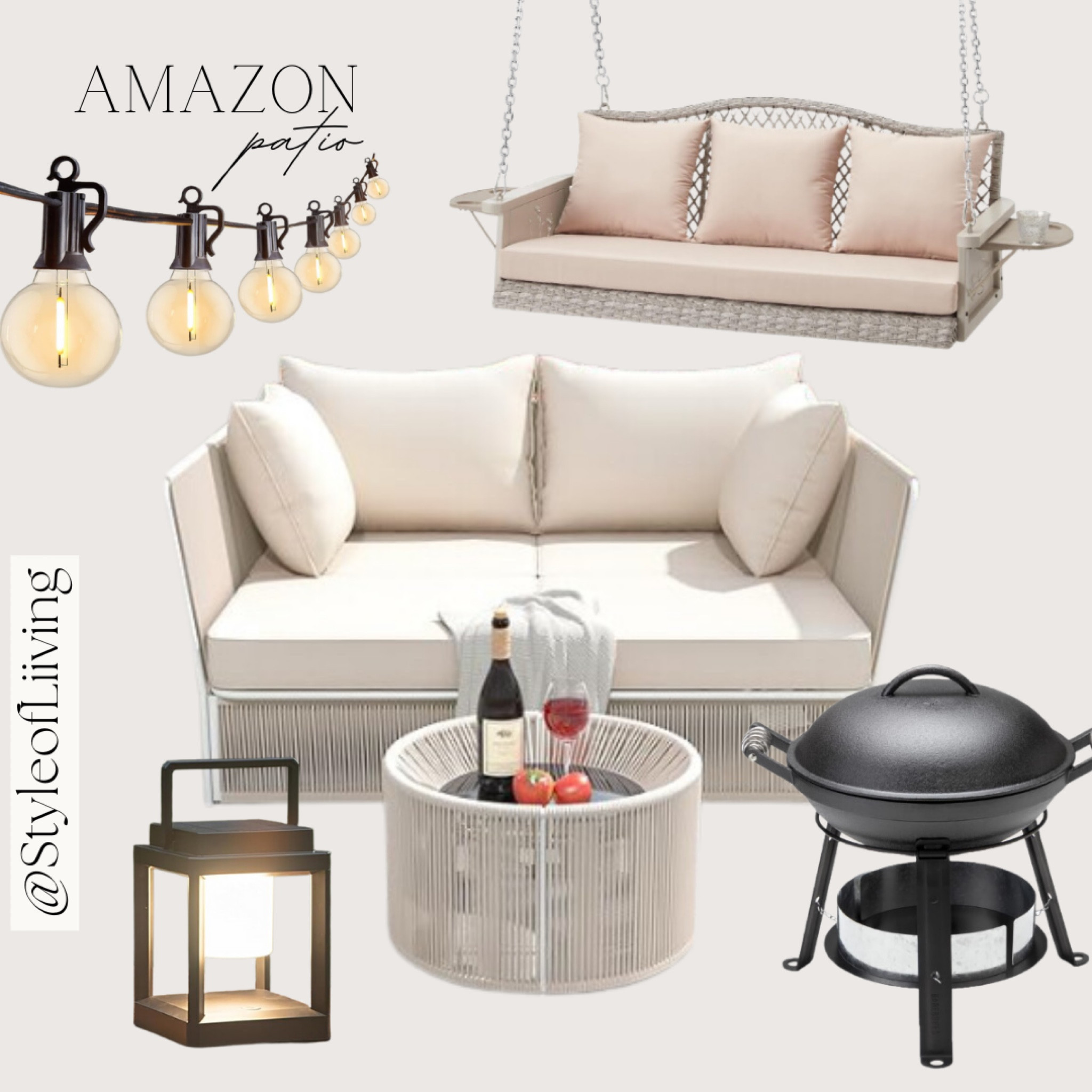 Amazon outdoor patio furniture, string lights, cast iron grill, lantern lights, porch swing, loveseat sofa set with coffee table. #founditonamazon #amazonhome

#LTKstyletip #LTKhome #LTKSeasonal