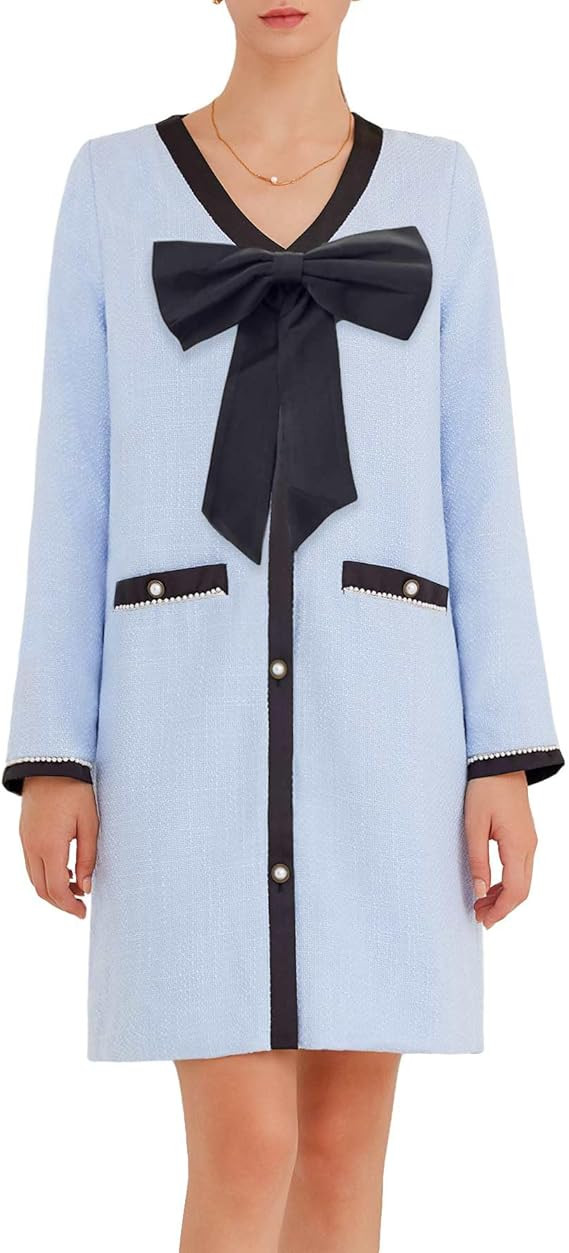 Women's Tweed Bow Mini Dress Long Sleeve V Neck Button Down Dress Elegant Business Work Dress Blu... | Amazon (US)