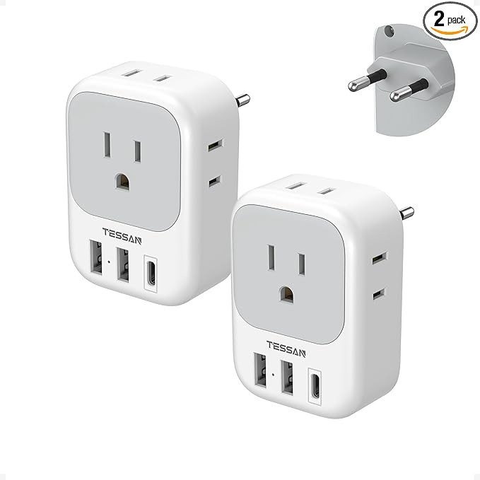 2 Pack European Plug Adapter USB C, TESSAN US to Europe Adapter 4 Outlets 3 USB Charger, Type C I... | Amazon (US)