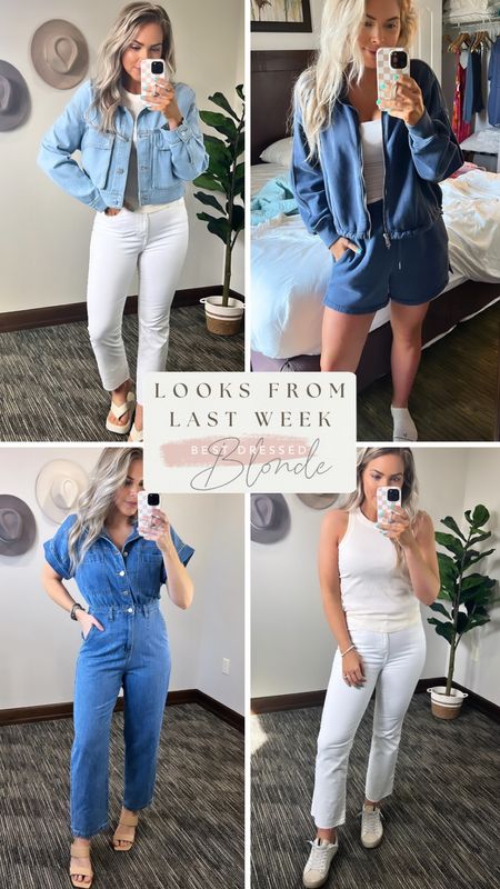 Medium in lounge pieces. Medium jumpsuit but could do large too. True size 28 in white jeans but they’re snug. Medium crop denim jacket. Small relaxed tee and off white tank  

#LTKstyletip #LTKSeasonal #LTKfindsunder50