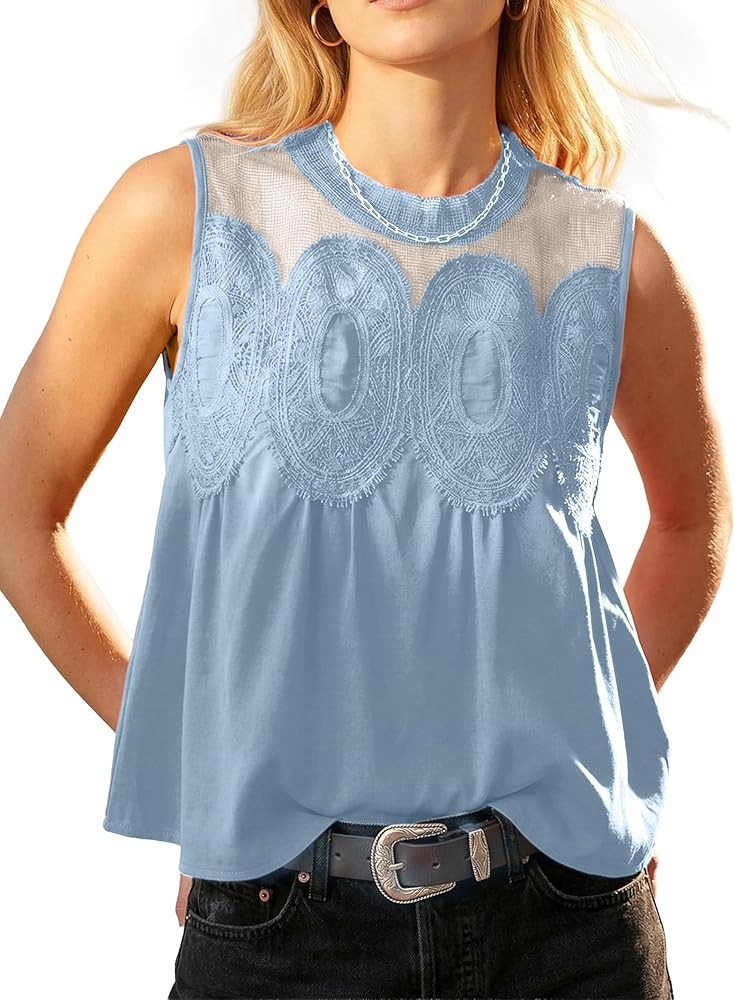 Funlingo Womens Lace Tank Top Sleeveless Flared Mesh Swing Blouse Dressy Casual Babydoll Shirts E... | Amazon (US)