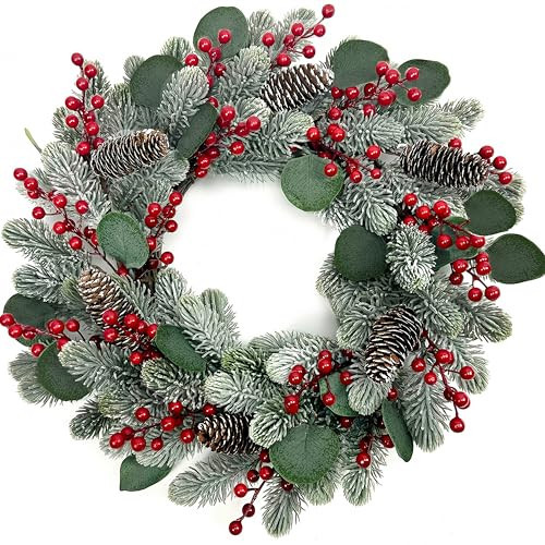 zjlmit Artificial Christmas Wreath 20 Inch Christmas Wreaths for Front Door Winter Wreath with Pine Needles Pine Cones Eucalyptus Leaves Red Berries for Xmas Doors Walls Fireplaces Winter Holidays | Amazon (US)
