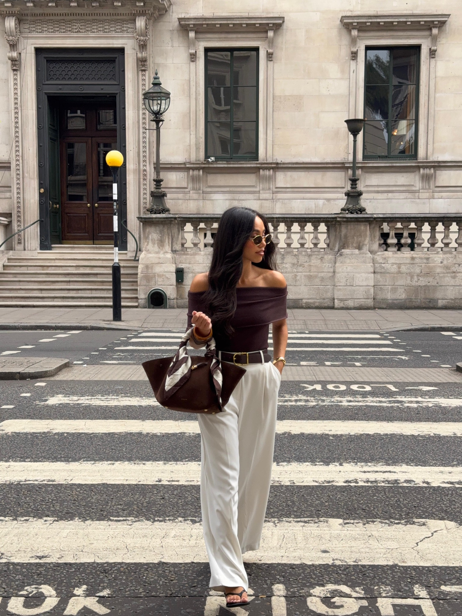 Thing's I'm loving for Spring... off the shoulder chocolate brown top, white tailored trousers, flip flop sandals and suede bags with satin scarves 

 #LTKspring #LTKstyletip