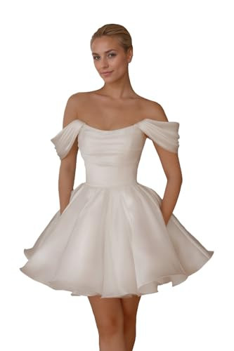 Cudiew Short Bridal Dresses Off The Shoulder Mini Wedding Dress A Line for Women White Satin Ruched Corset Wedding Reception Dress US6 | Amazon (US)