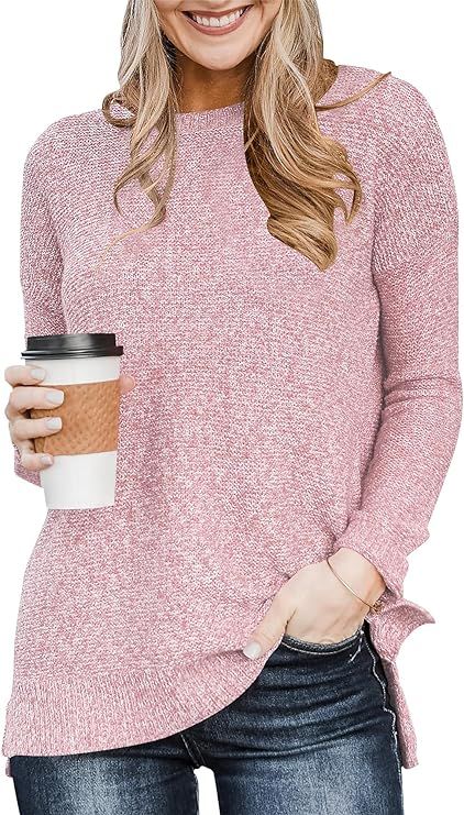 LOGENE Women's Casual Long Sleeve Crew Neck Soft Side Split Knit Pullover Sweater Tops | Amazon (US)