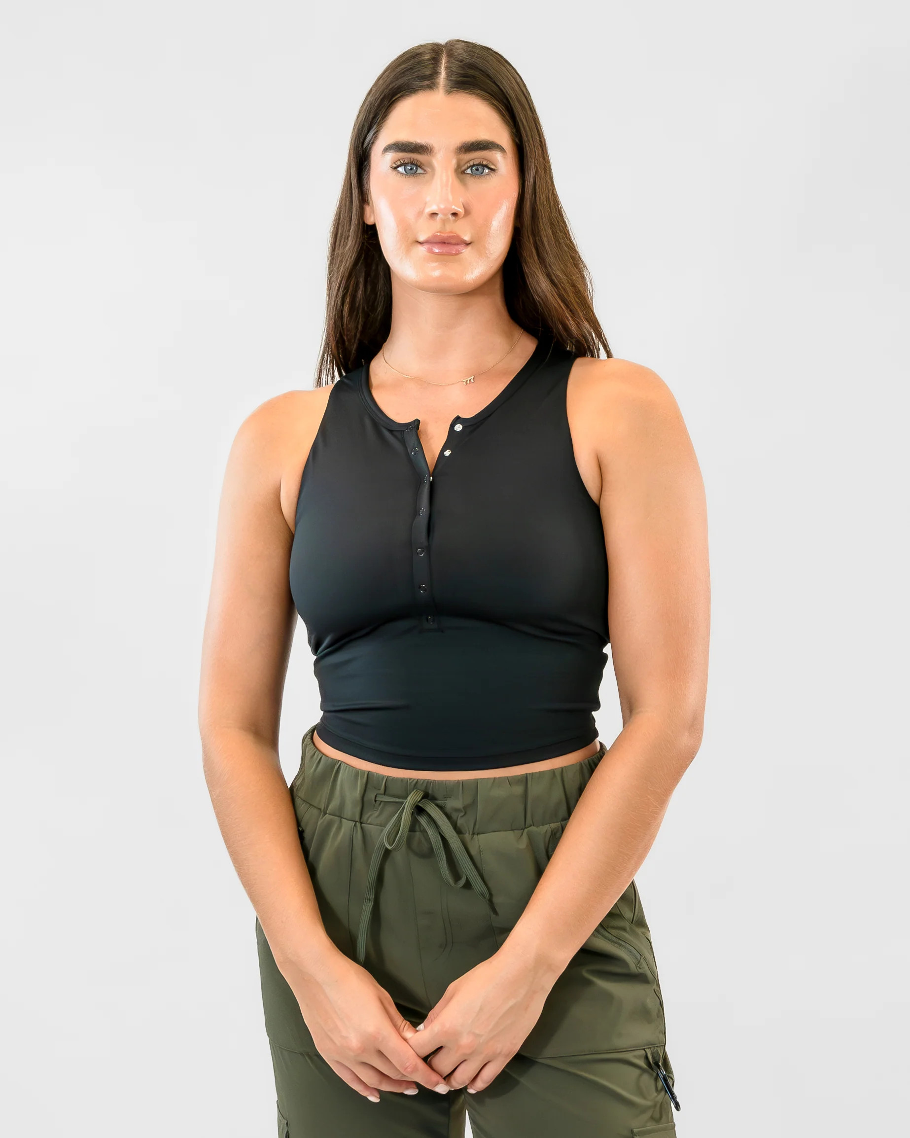 Lux Vinyasa Henley Crop Top - Black | Senita Athletics