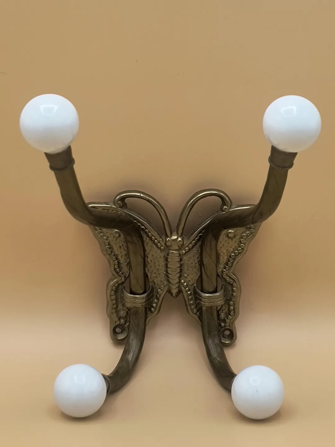 Vintage Brass Butterfly Double Hook Coat Hanger With Porcelain Knobs Made in Taiwan Retro Brass B... | Etsy (US)