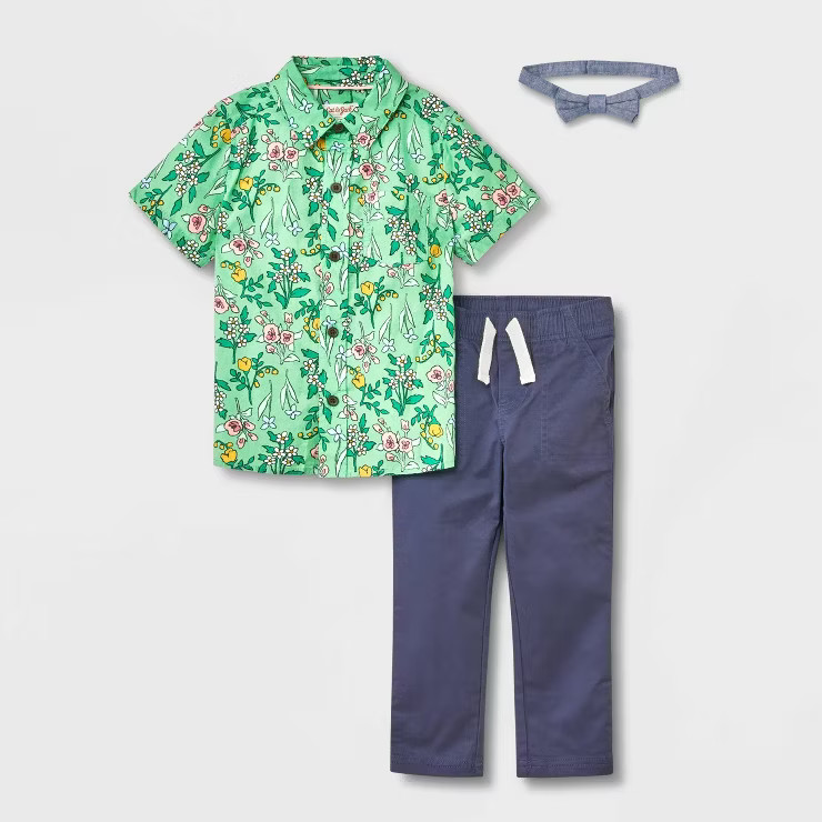 Toddler Boys' 2pc Short Sleeve Woven Shirt and Pants with Bowtie Set - Cat & Jack™ Green Floral | Target
