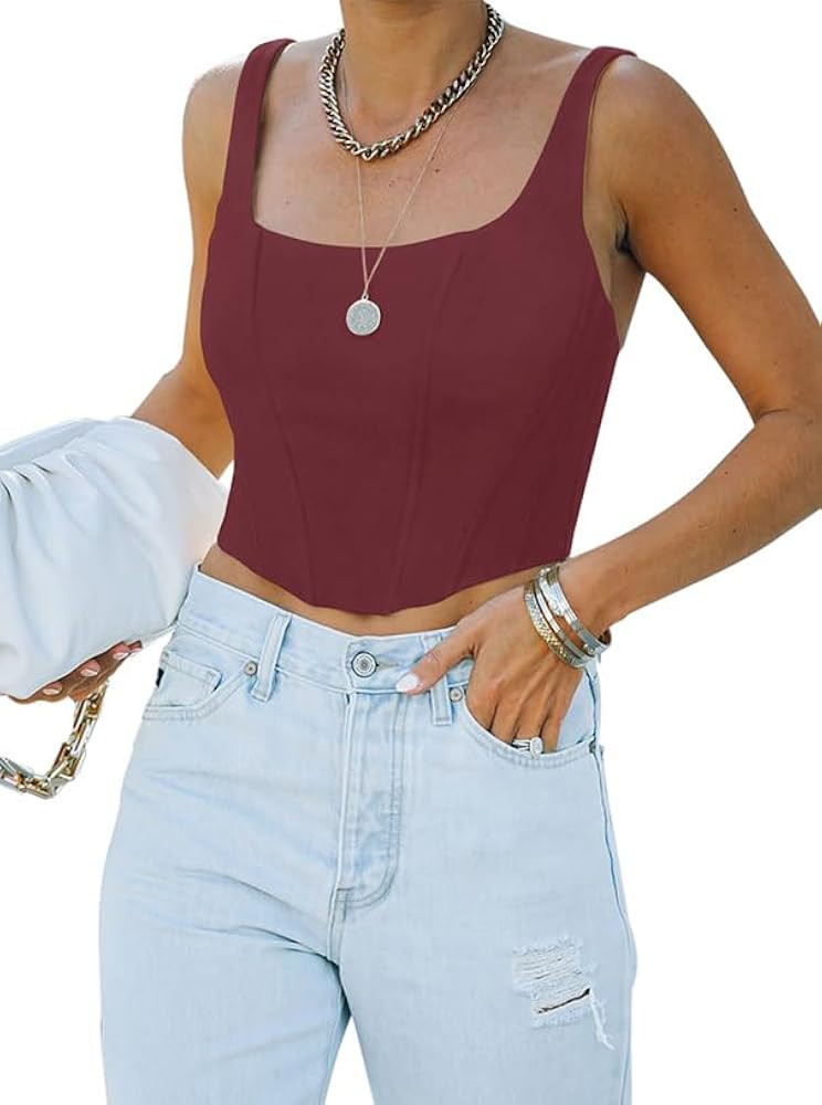 REORIA Women's Summer Sexy Square Neck Sleeveless Trendy Bustier Corset Crop Tank Tops | Amazon (US)