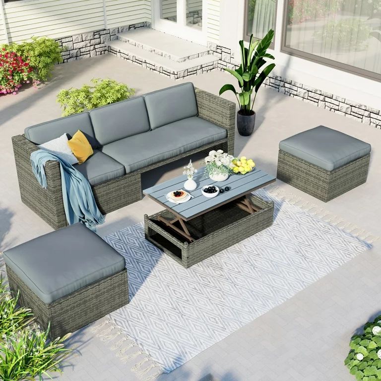 4 Pieces Patio Furniture Set, All-Weather Outdoor Sectional Rattan Sofa, PE Manual Weaving Wicker... | Walmart (US)