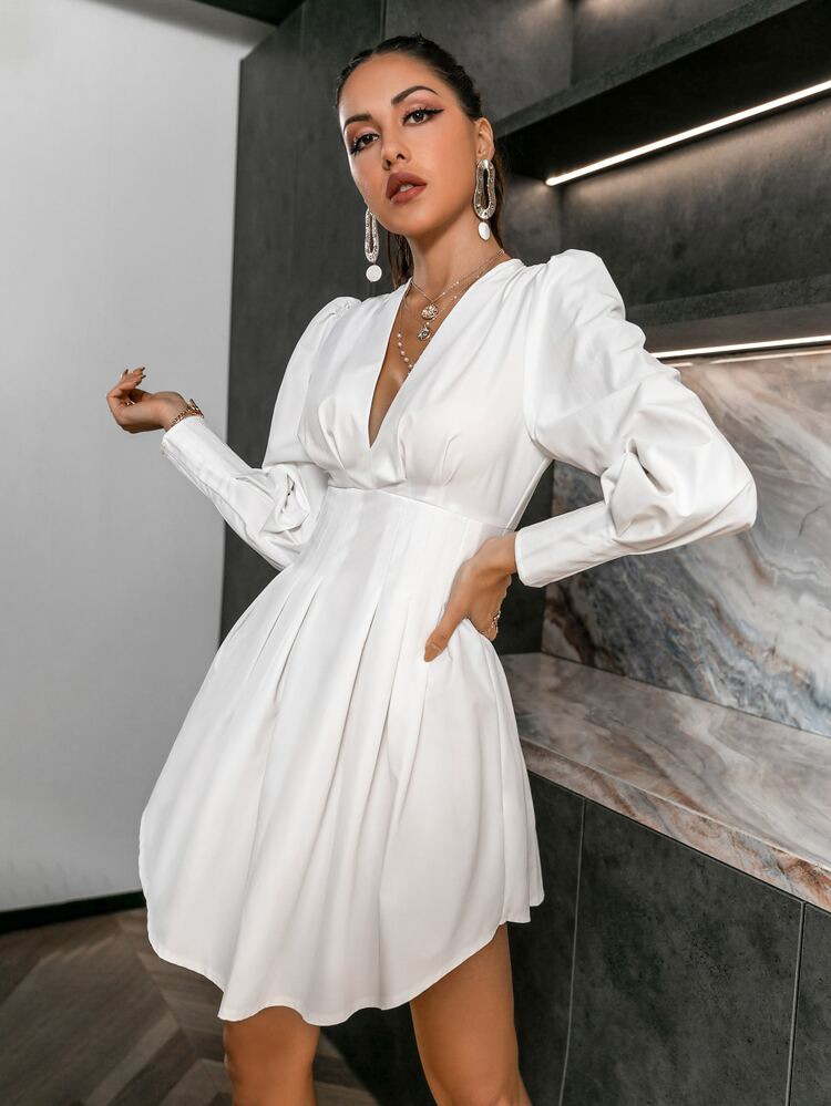Glamaker Lantern Sleeve Fold Pleat Curved Hem Dress | SHEIN