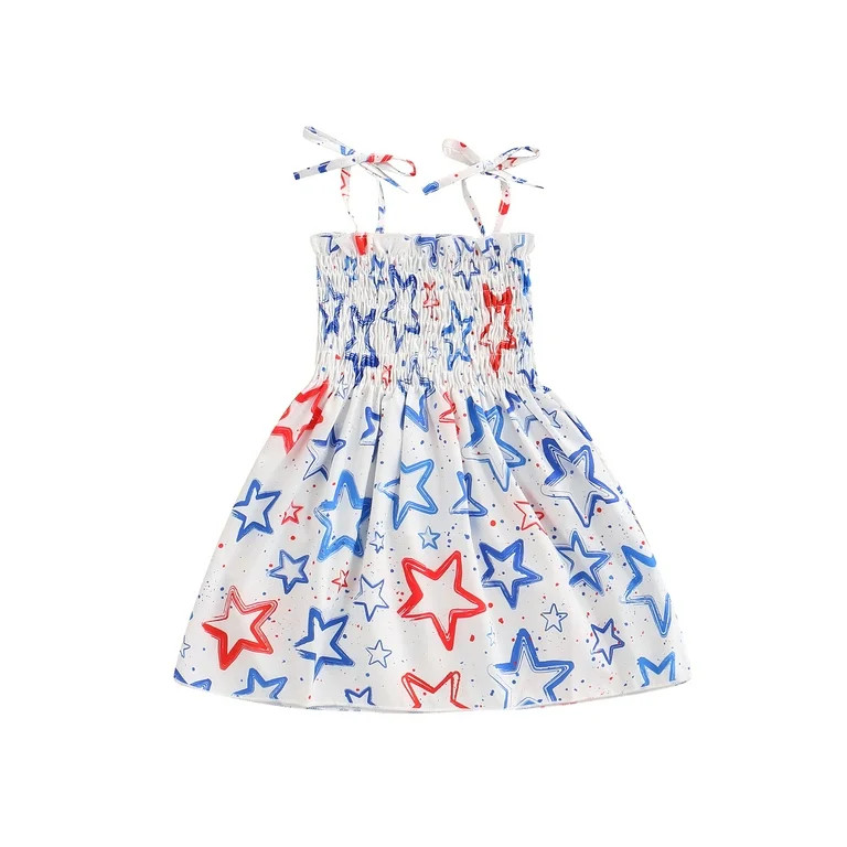 Toddler Baby Girls 4th of July Outfit Independence Day Print Tie-up Smocked Dress American Flag S... | Walmart (US)