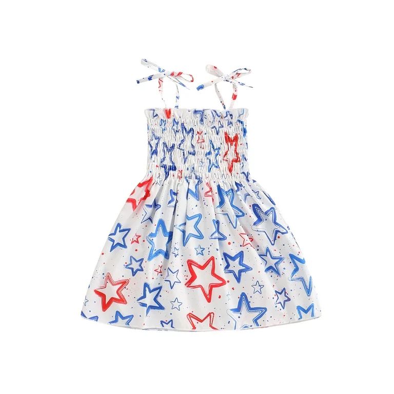 Toddler Baby Girls 4th of July Outfit Independence Day Print Tie-up Smocked Dress American Flag S... | Walmart (US)