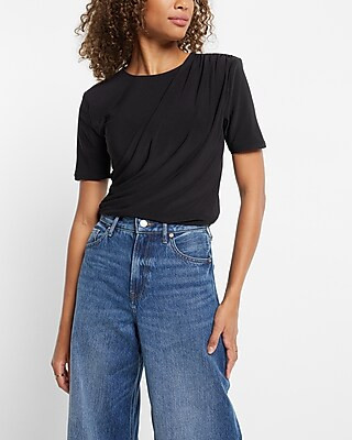 Matte Crew Neck Short Sleeve Draped Cropped Top | Express