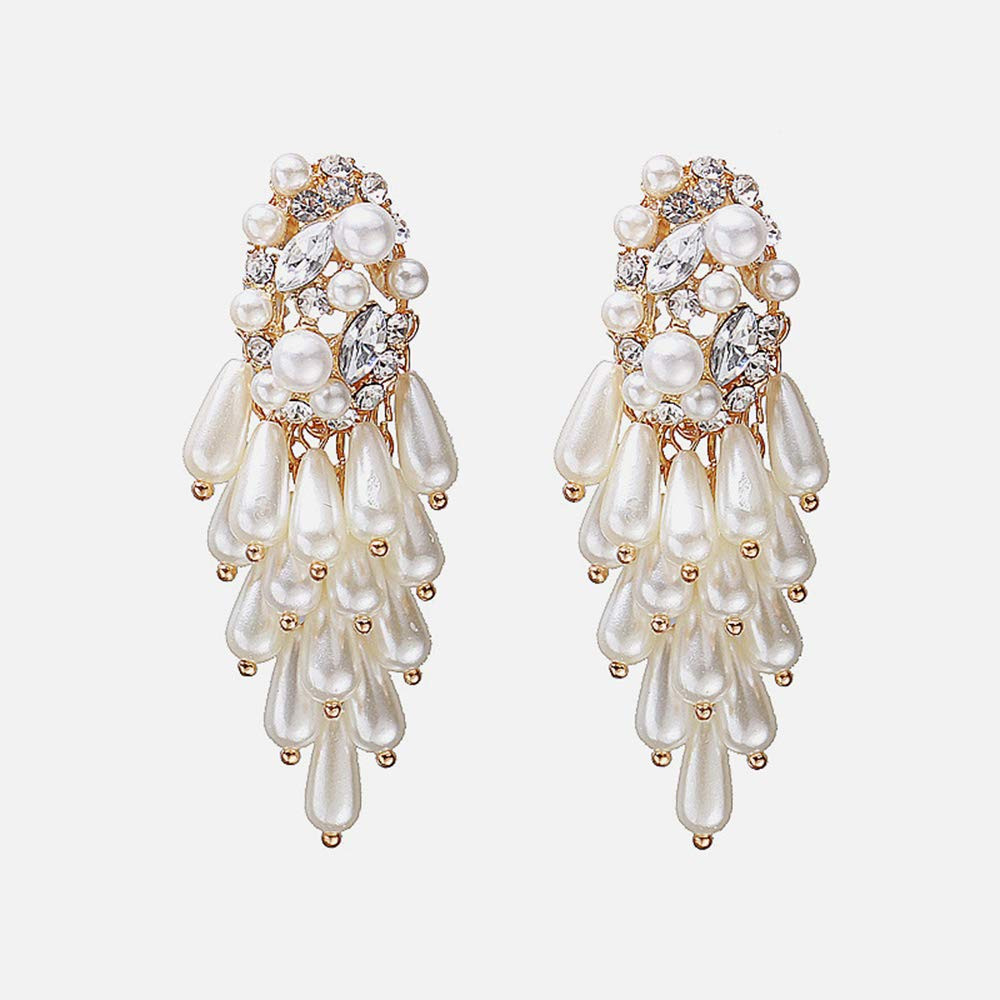 Pearl Wedding Dangle Earrings Crystal Gold Floral Hoop Statement Prom Jewelry for Women Brides | Amazon (US)