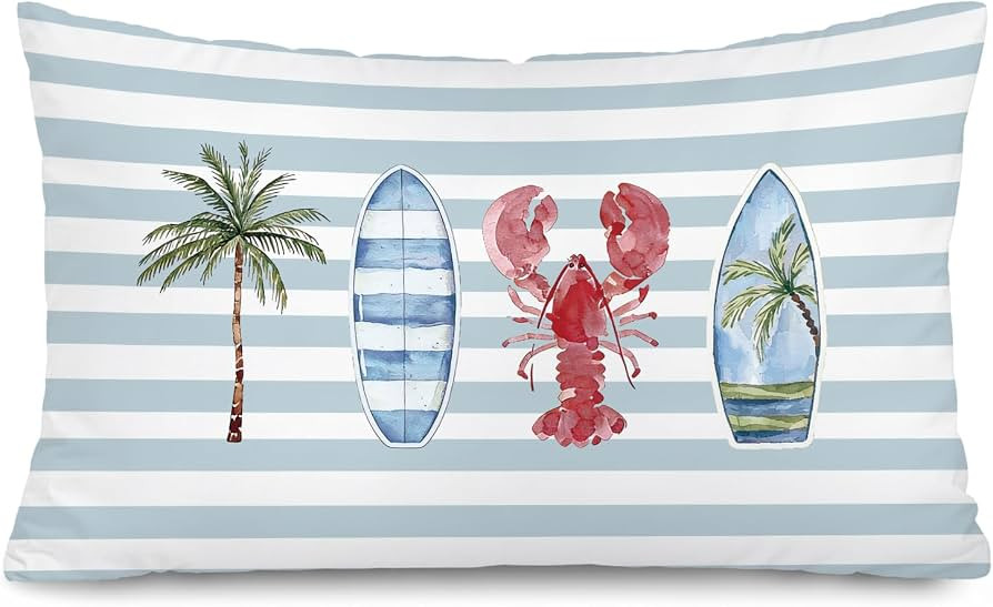 Surf Room Decor, Blue Coastal Beach 12x20 Pillow Cover, Tropical Coastal Ocean Palm Tree Surfboar... | Amazon (US)