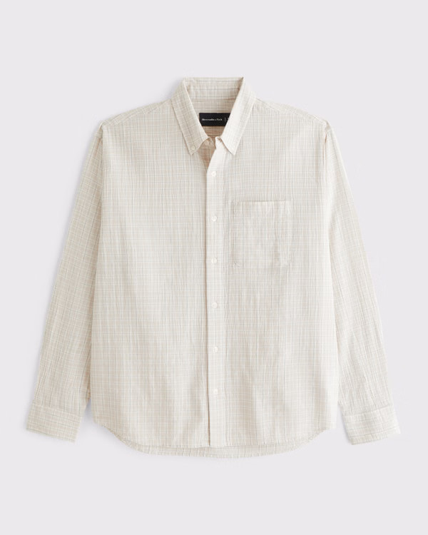 Long-Sleeve Textural Plaid Button-Up Shirt | Abercrombie & Fitch (US)