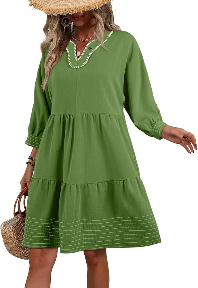 BLENCOT Summer Dresses for Women Casual V Neck 3/4 Puff Sleeve Boho A-line Tiered Babydoll Dress | Amazon (US)
