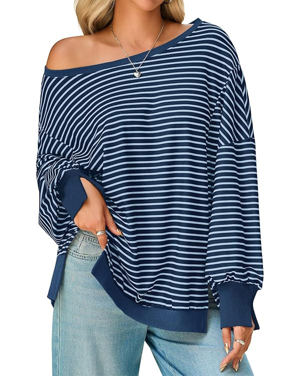 Tankaneo Womens Striped Oversized Sweatshirt Off The Shoulder Lantern Long Sleeve Top Split Fall ... | Amazon (US)