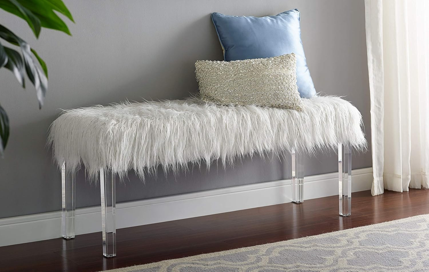Roundhill Furniture Valley Faux Fur Bench with Acrylic Legs, White | Amazon (US)