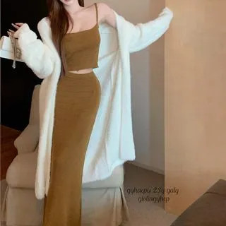 Chenille Long Cardigan / Knit Cami Top / Knit Shaping Midi Skirt | YesStyle Global