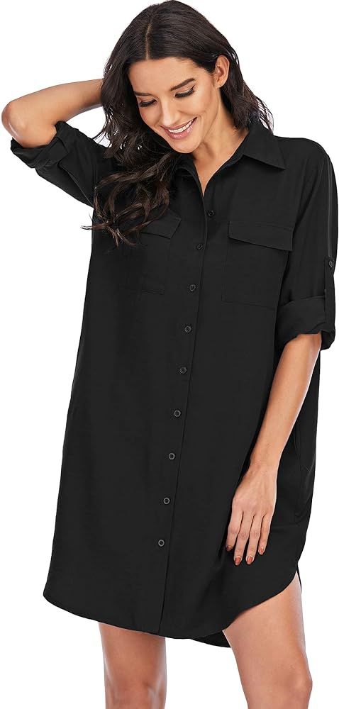 MANAIXUAN Women's Shirt Dress V Neck Long Sleeve Loose Casual with Pockets Front Button | Amazon (US)