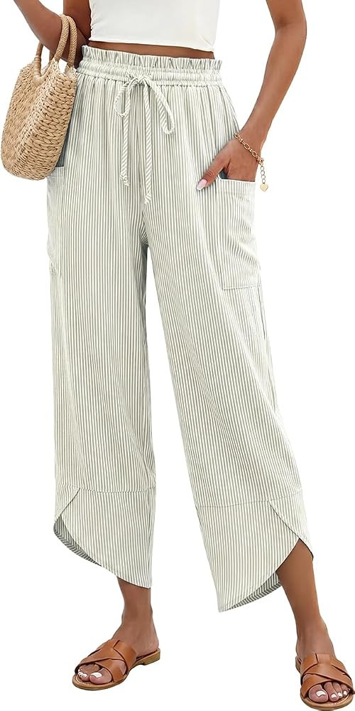 TARSE Womens Linen Palazzo Pants Wide Leg Striped Casual Capri Pant Drawstring Summer Harem Pants... | Amazon (US)