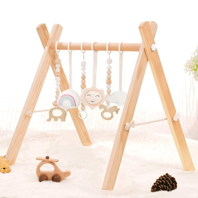 HAN-MM Wooden Baby Gym with 6 Wooden Baby Toys Foldable Baby Play Gym Frame Activity Gym Hanging ... | Amazon (US)