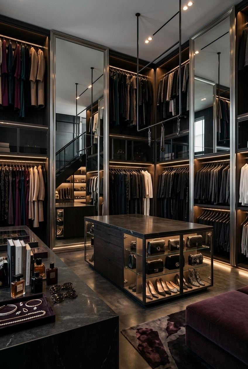 The walk-in closet as private archive.

Dark wood, smoked glass, gallery lighting, and accessories displayed with the same intention as collectible design. Less storage room. More personal fashion library.

The Bureau is currently studying closets that treat getting dressed like an editorial process.

#LTKgrwm #LTKHome #LTKSaleAlert