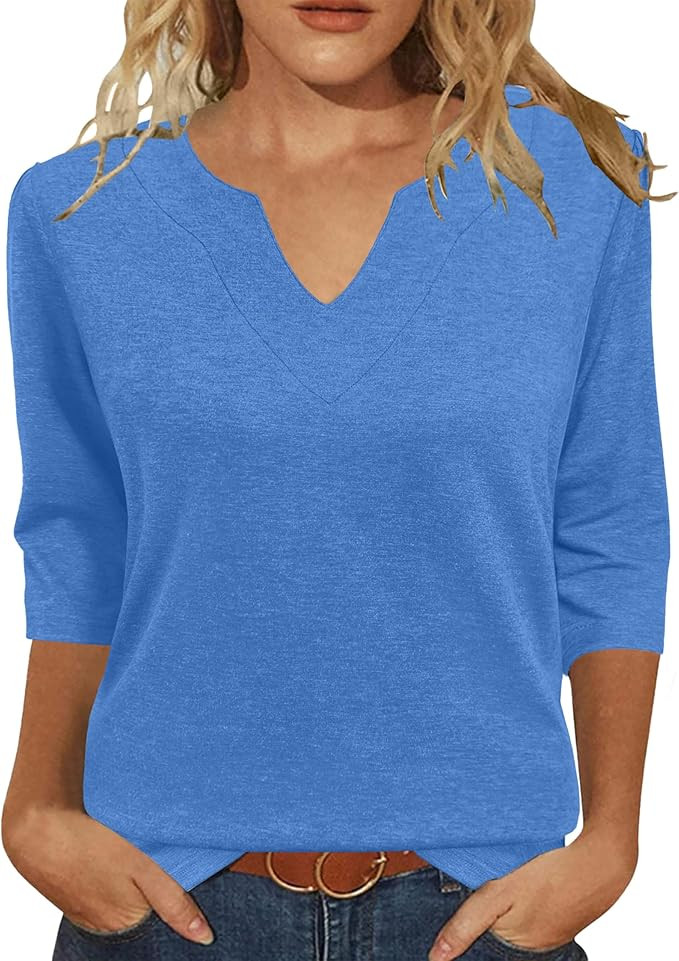 JomeDesign Womens Tops 3/4 Sleeve Shirts V Neck Loose Casual Blouses Solid Color Tshirts | Amazon (US)