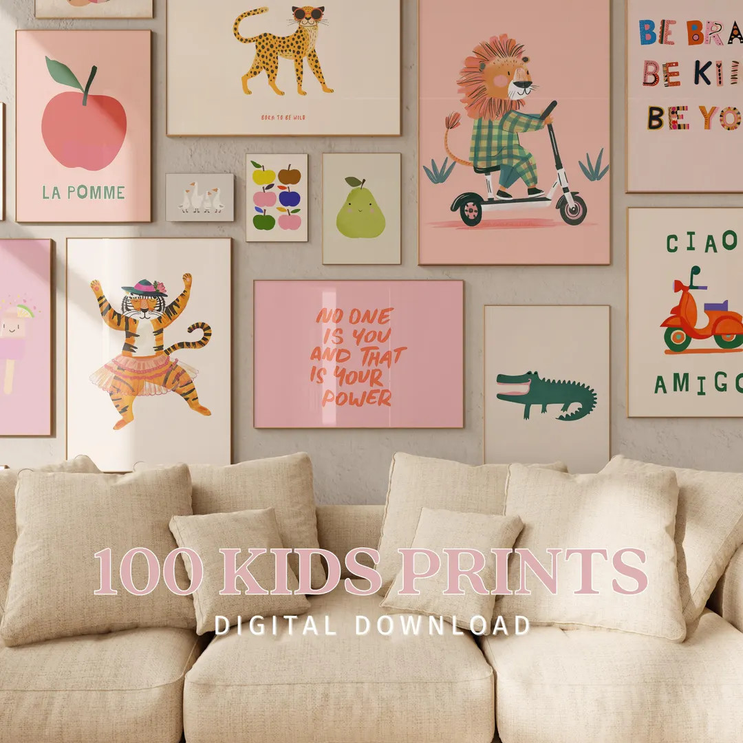 Eclectic Nursery Wall Art Set of 100 Colorful Prints, Kid's Room Decor Animals, Gender Neutral Pl... | Etsy (US)