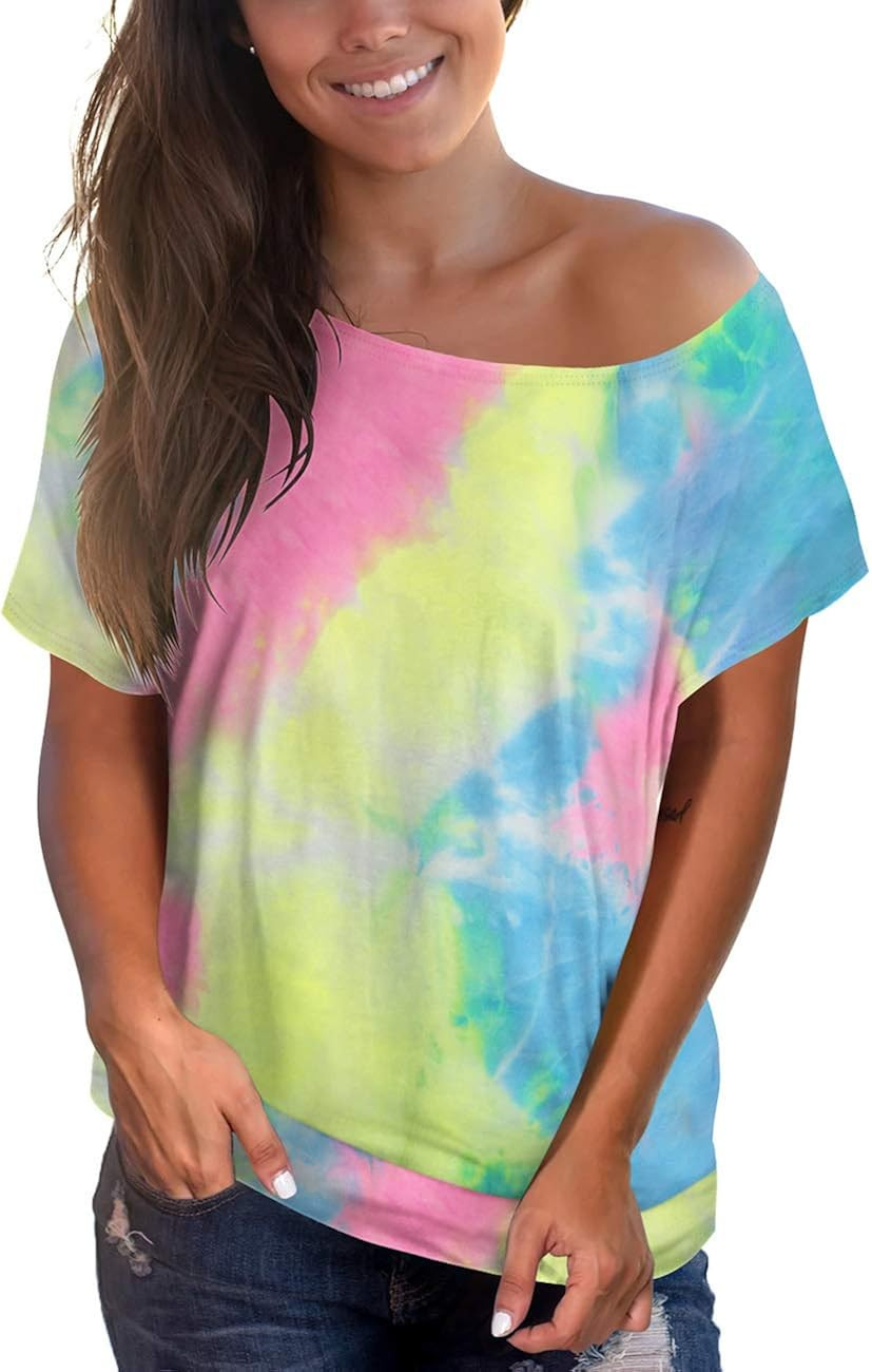 deqiang Womens Short Sleeve Tops Casual Off Shoulder Summer Tee Tie Dye Shirt | Amazon (US)