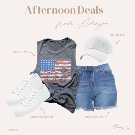 Afternoon deals include this sleeveless patriotic flag tee, denim shorts, white sneakers, and a white flag baseball  hat. 

Ootd, 4th of July outfit, graphic tee, summer outfit, beach outfit, tall friendly outfit, Amazon fashion 

#LTKstyletip #LTKfindsunder50 #LTKsalealert