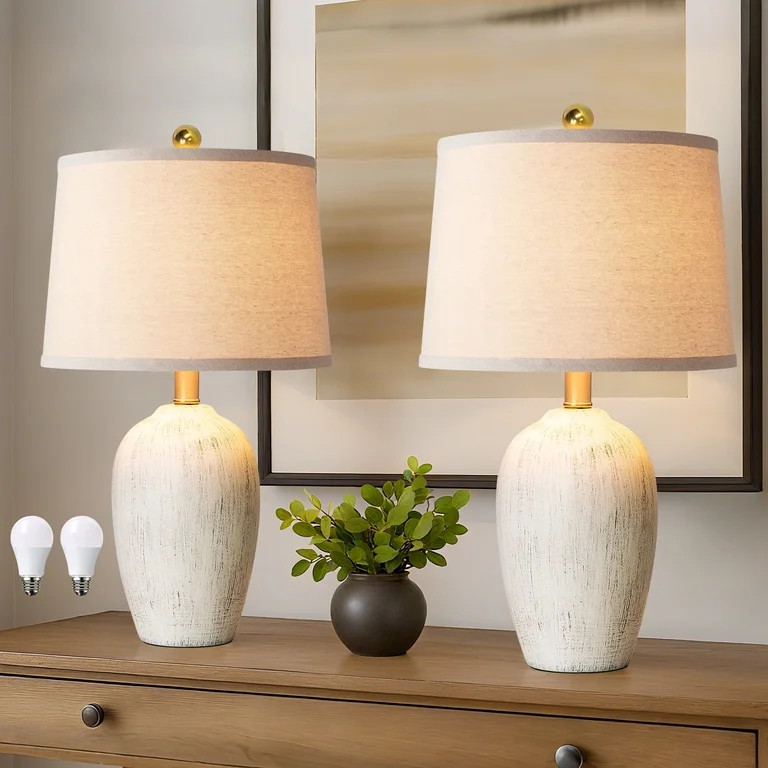 JUJUYUYOP 21" Linen Lampshade Off-White Ceramic Table Lamp Set of Two Ideal for Bedside Tables in... | Walmart (US)