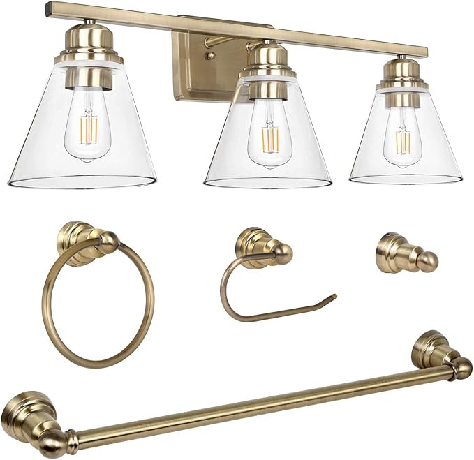 3-Light Vanity Light Fixture, 5-Piece All-in-One Bathroom Set (E26 Bulb Base), Brushed Brass Wall... | Amazon (US)