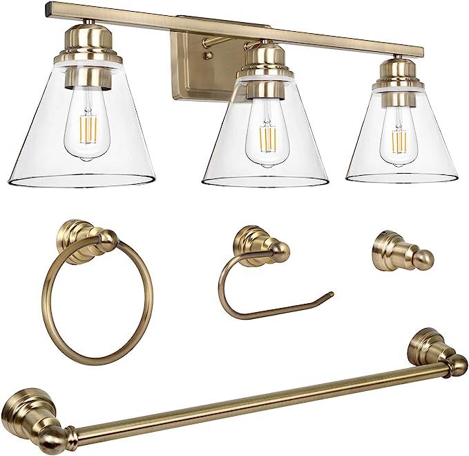 3-Light Vanity Light Fixture, 5-Piece All-in-One Bathroom Set (E26 Bulb Base), Brushed Brass Wall... | Amazon (US)