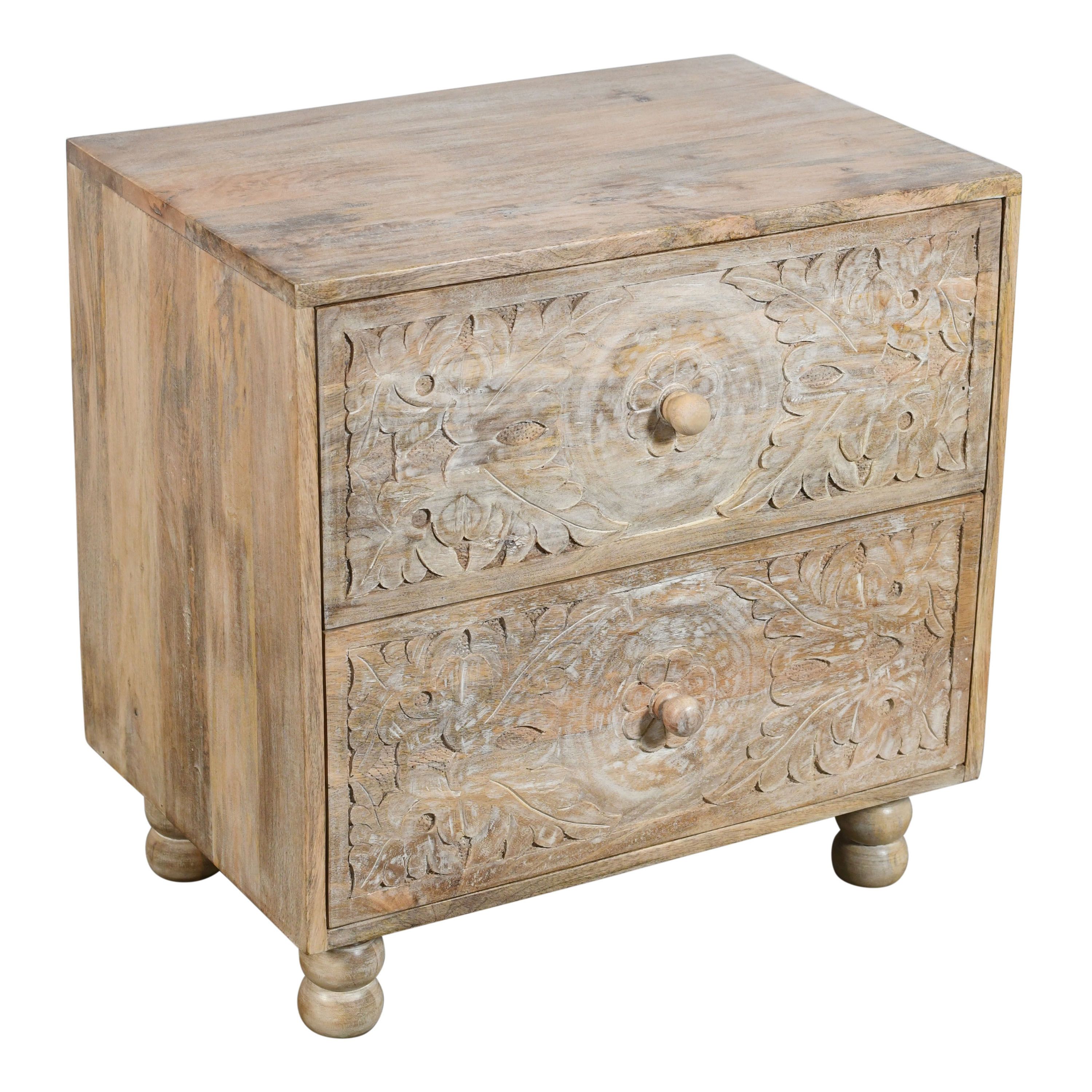 Burdett Natural Carved Wood End Table with 2 Drawers | World Market