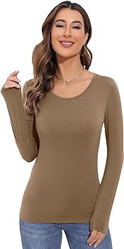 Qzzater Women's Long Sleeve T-Shirt Scoop Neck Rayon Slim Fit Stretchy Layer T Shirts Tops | Amazon (US)