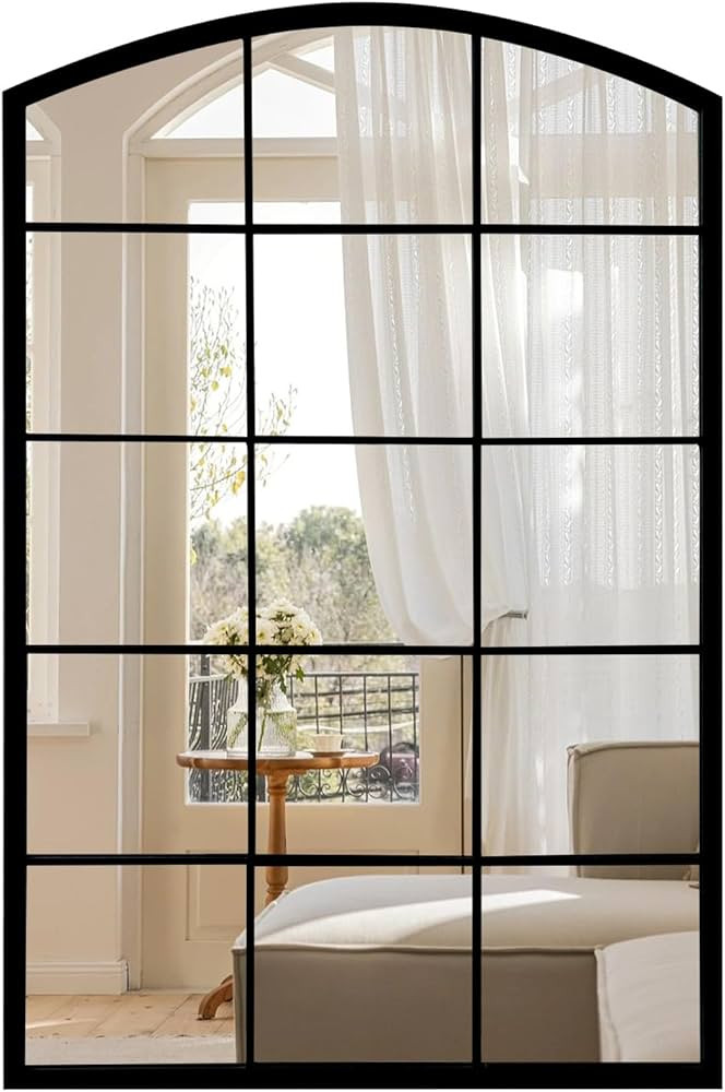 Arched Wall Mirror Window Mirror 24X36inch, Black Metal Frame Rustic Windowpane Grid Wall Mirror ... | Amazon (US)