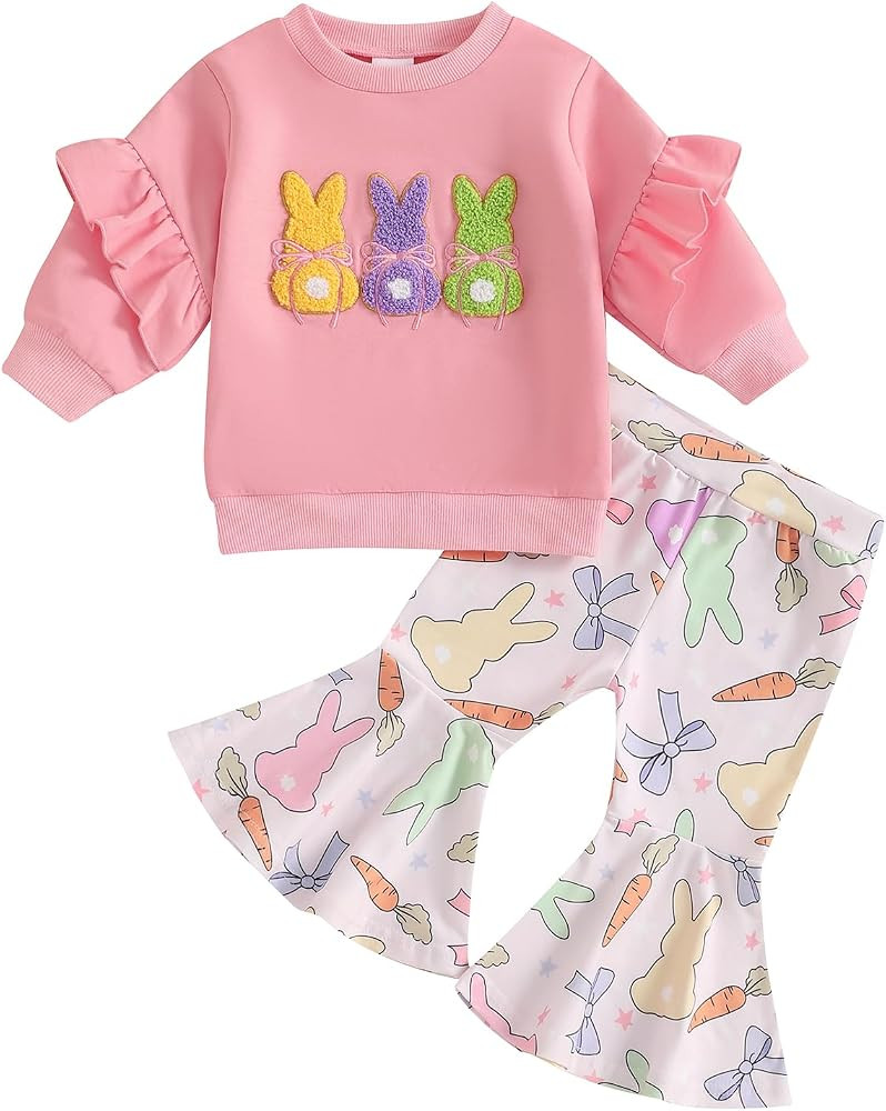Easter Toddler Baby Girl Outfits Bunny Embroidery Long Sleeve Sweatshirt + Bow Print Flare Pants ... | Amazon (US)